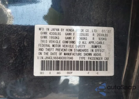 2008 Acura Tsx from USA, damaged, VIN JH4CL96848C007046